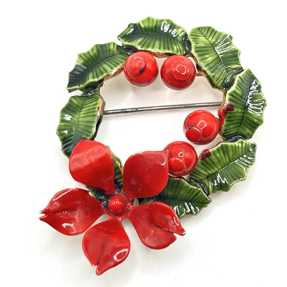 Original‎ by Robert Gold Tone Enamel Christmas Wreath Holly Enamel Brooch